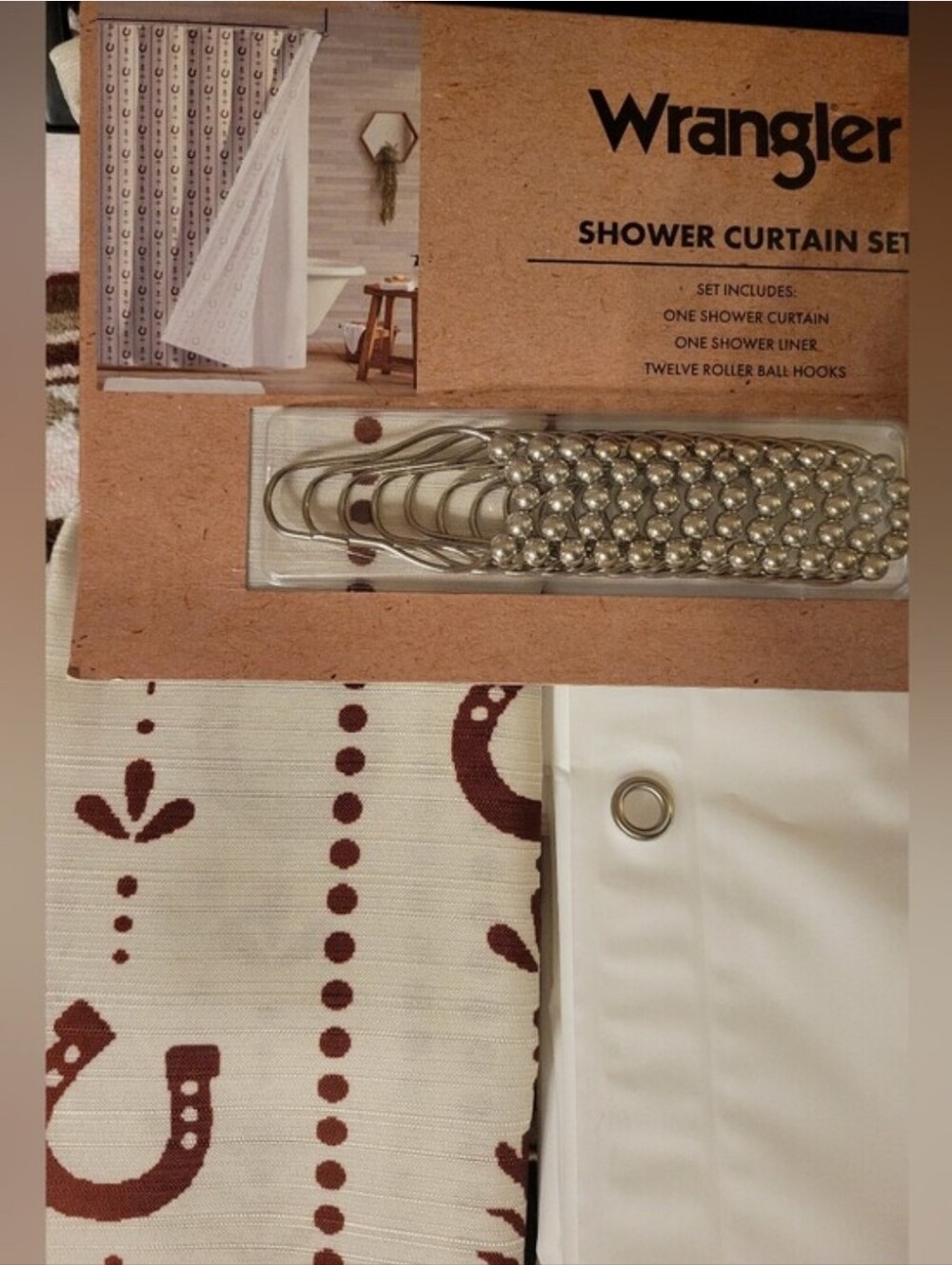 Wrangler Horse Shoe Burgundy Cream Shower Curtain Set